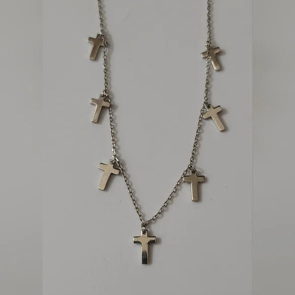 925 sterling silver cross charms necklace 18" euc dainty chain crosses religious - Picture 1 of 7